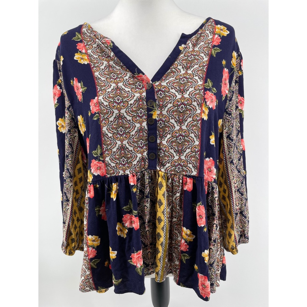 Patchwork Top‎ Womens XL Navy Blue Floral Boho Artsy Cottage Peasant Mixed Print
